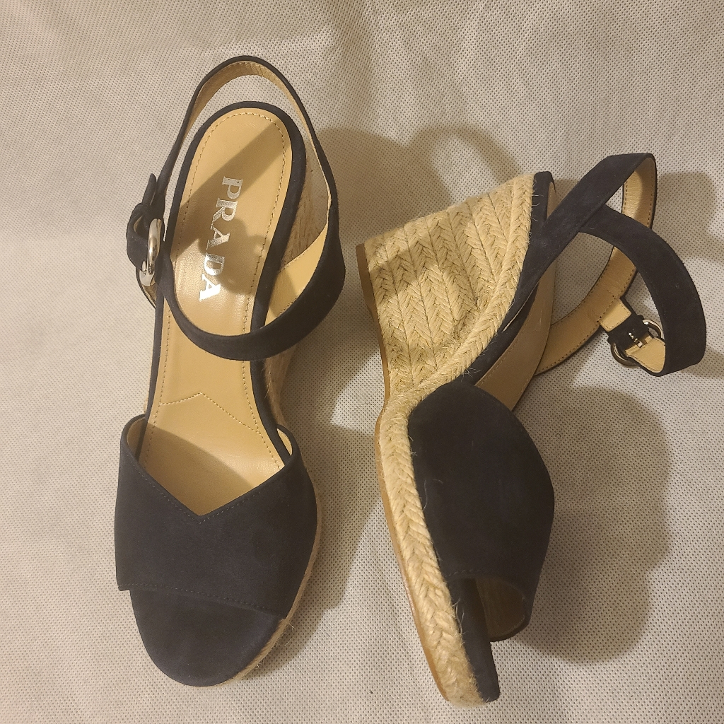 Prada Women's Suede Espadrille Wedge Sandals In Blue Suede